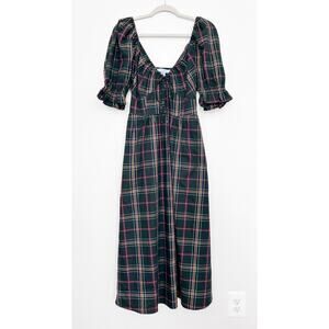 Hill House Ophelia Ruffle A-Line Dress in Size Medium Juniper Tartan Green $198